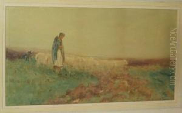 Shepherdess With Her Flock Oil Painting by Oswald Garside