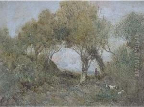 A Goatherder In A Wooded Landscape Oil Painting by Oswald Garside