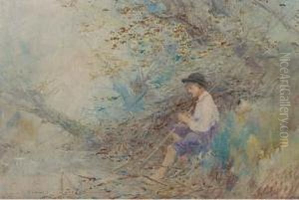 A Young Boy Seated Beside A Stream Oil Painting by Oswald Garside