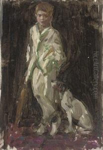 Study Of Young Boy, 
Traditionally Identified As The Artist's Son,in Cricket Whites, A Bat In
 His Right Hand, And A Dog By Hisside Oil Painting by Norman Garstin