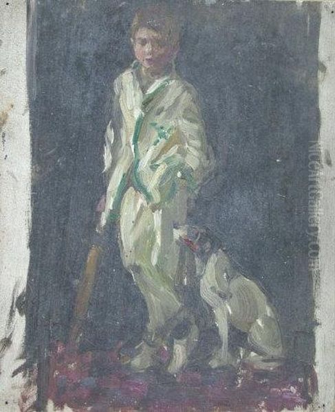 A Young Cricketer With His Dog. Oil Painting by Norman Garstin