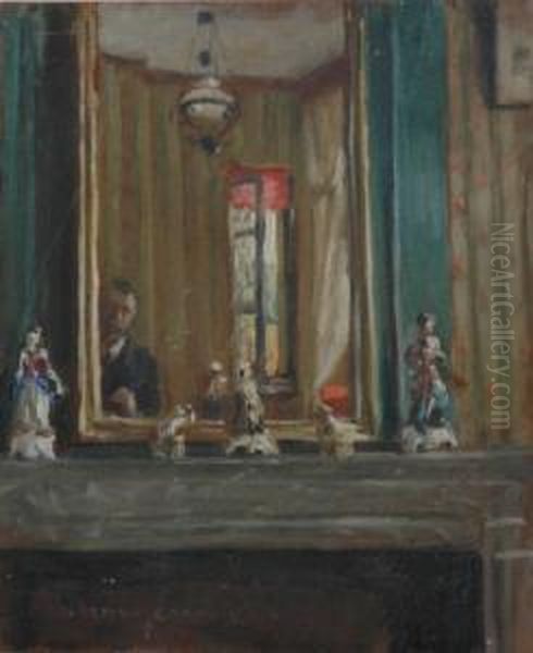 The Fire Place, The Artist Can Be Seen Reflected It The Mirror. Oil Painting by Norman Garstin