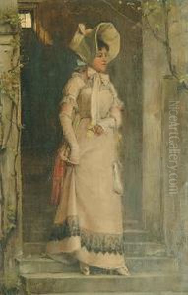 A Fashionable Parisien Stood On A Doorstep Oil Painting by Norman Garstin