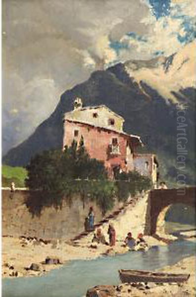 Lavandaie Sul Fiume Oil Painting by Giuseppe Garzolini