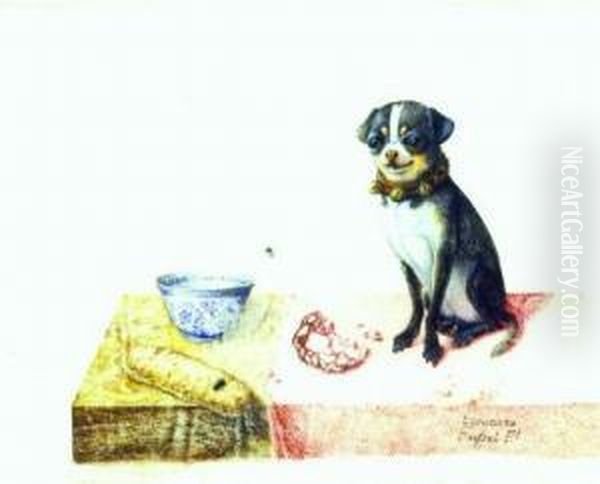 Pug On A Table With Bread, Chinese Blue And White Tea Bowl,sopressata And Two Flies Oil Painting by Giovanna Garzoni