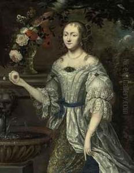 Portrait Of A Lady Traditionally
 Identified As Madame Ninon Delenclos (1620-1705), Three-quarter-length,
 In A Lace-trimmed Blueand Gray Dress, With Roses, Narcissi And Other 
Flowers In A Roemeron A Ledge, Beside A Classical Fountain Oil Painting by Henri Gascard