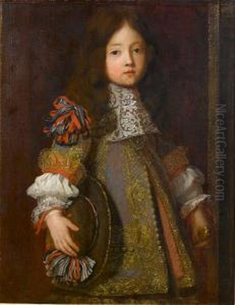 Portrait Of A Young Boy 
Three-quarter-length,in Grey Embroidered Costume Decorated With Ribbons,
 A White Lacejabot And Holding A Black Ribboned Hat Oil Painting by Henri Gascard