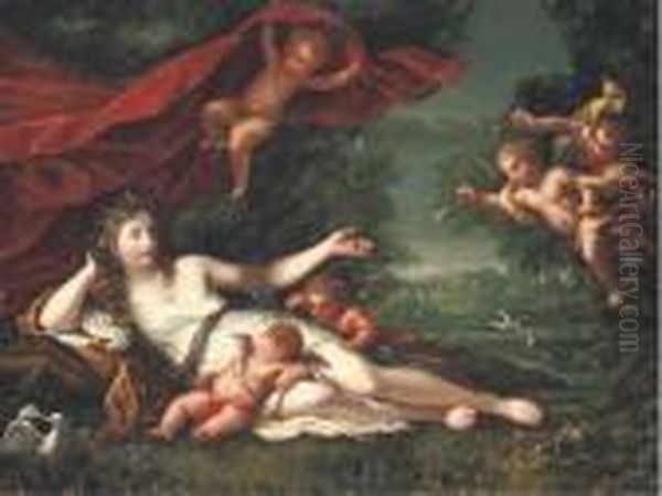 Venus And Cupid With Attendant Putti, A Classical Landscapebeyond Oil Painting by Henri Gascard