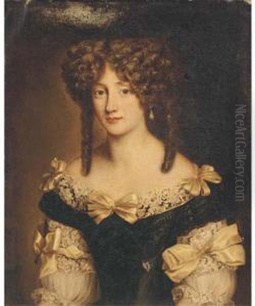 Portrait Of A Lady, Half-length, In A Black Dress With Lace Trim,decorated With Ribbons Oil Painting by Henri Gascard