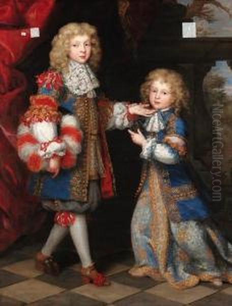 Portrait Of Two Brothers, 
Full-length, In Gold-embroidered Blue Frock Coats With Lace Collars, A 
Landscape Beyond Oil Painting by Henri Gascard