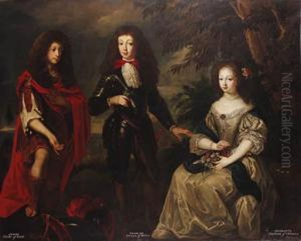 Group Portrait Of James, Duke Of
 York, Charles, Prince Of Wales Andhenrietta, Duchess Of Orleans, 
Full-length, In A Woodedlandscape Oil Painting by Henri Gascard