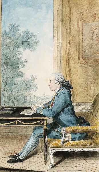 A seated Gentleman in profile to the Left writing a Letter at a Desk in front of an open Window Oil Painting by Louis Carrogis Carmontelle