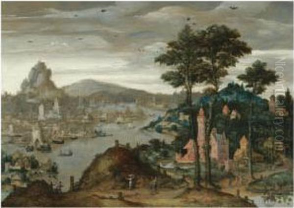 A Fantasy Mountainous River Landscape With Ships Moored Before Adistant City Oil Painting by Lucas van Valckenborch