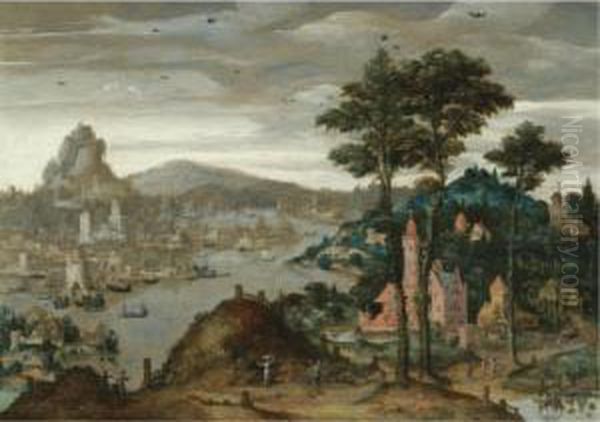 A Fantasy Mountainous River Landscape With Ships Moored Before A Distant City Oil Painting by Lucas van Valckenborch