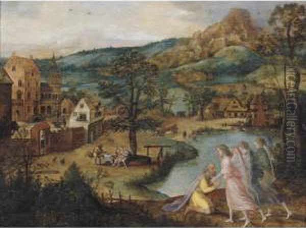 Landscape With Abraham And The Three Angels Oil Painting by Lucas van Valckenborch