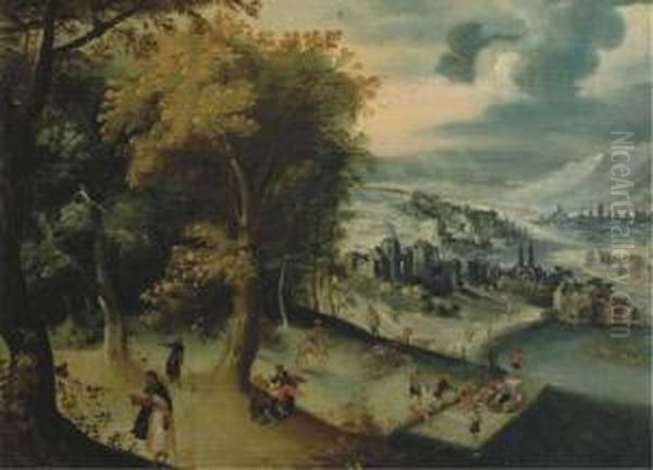 A Mountainous River Landscape With Travelling Pilgrims, Towns Beyond Oil Painting by Lucas van Valckenborch