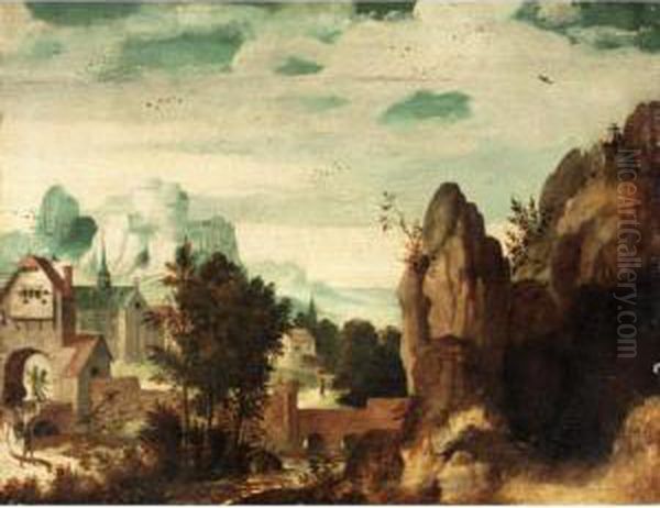 Landscape With A Mountaintop Castle Above A Walled Town Oil Painting by Lucas van Valckenborch