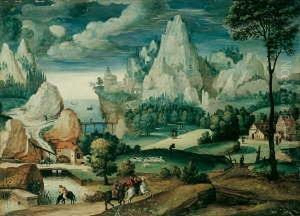 Phantastische Kustenlandschaft Mit Reitern Und Hirtenstaffage. Oil Painting by Lucas van Valckenborch