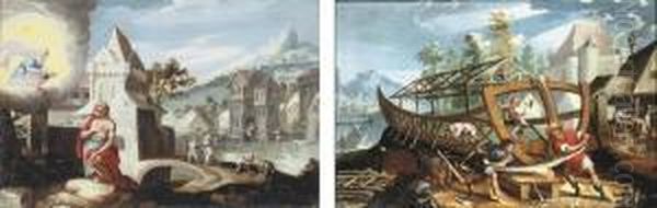 God Commanding Noah To Build The Ark; And The Building Of The Ark Oil Painting by Lucas van Valckenborch