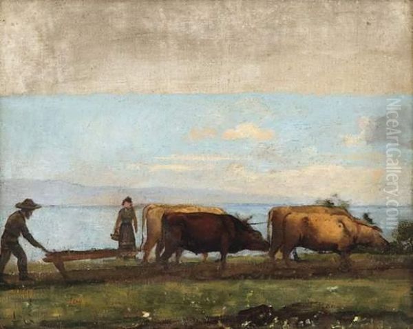 Paysan Labourant Au Bord Du Lac Oil Painting by Leon Gaud