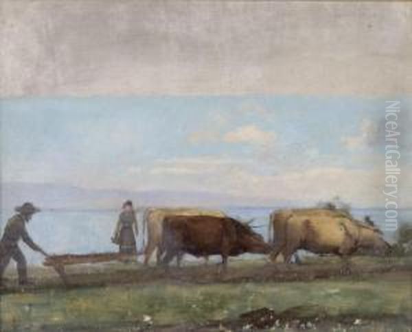 Bauer Mit Ochsengespann Beim Pflugen Oil Painting by Leon Gaud