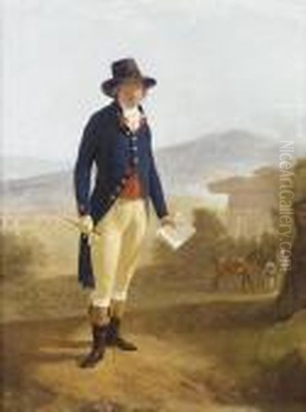 Portrait Of A Young Gentleman, 
Standing Small Full-length, In A Dark Blue Coat, Red Waistcoat And Buff 
Breeches, With A Brown Hat, Holding A Book And A Crop, A Groom With 
Horses Before A Ruined Temple And An Aquaduct In An Italianate Landscape
 Bey Oil Painting by Louis Gauffier