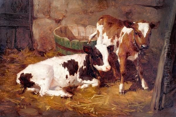 Calves In A Barn Interior Oil Painting by David Gauld