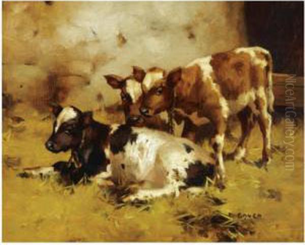 Calves In A Stable Oil Painting by David Gauld