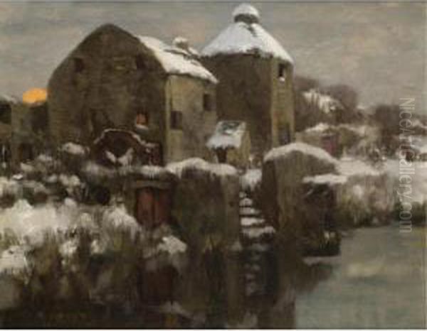 Winter At The Mill, Normandy Oil Painting by David Gauld