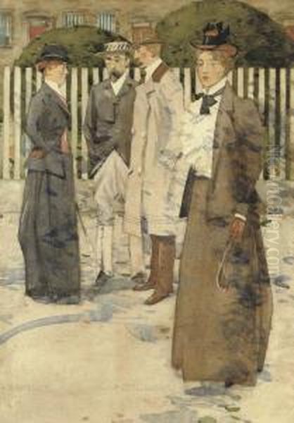 Elegant Figures In A Cheltenham Street Oil Painting by David Gauld