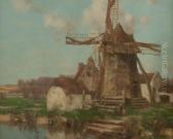 French Farm And Windmill Oil Painting by David Gauld