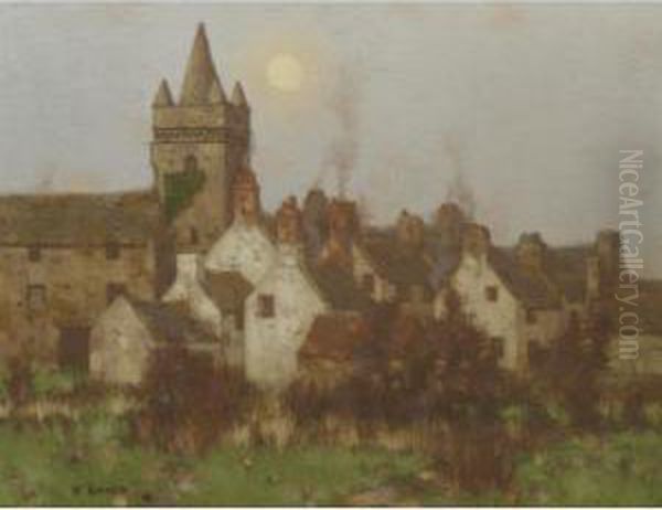 View Of The Tolbooth, Kirkcudbright, Under A Full Moon Oil Painting by David Gauld