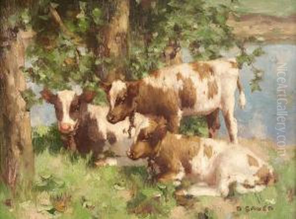 Three Calves By A River Oil Painting by David Gauld