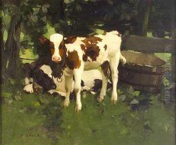 Calves By A Water-butt Oil Painting by David Gauld