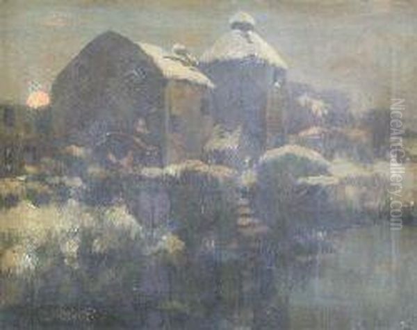 Watermill Under The Snow Oil Painting by David Gauld