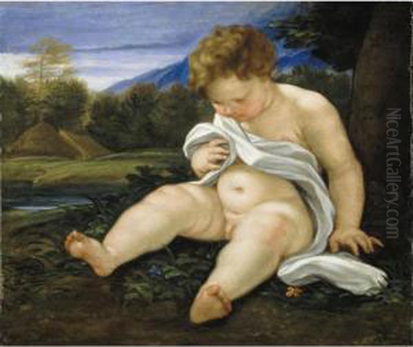 Putto In A Landscape Oil Painting by Giovanni Battista (Baciccio) Gaulli