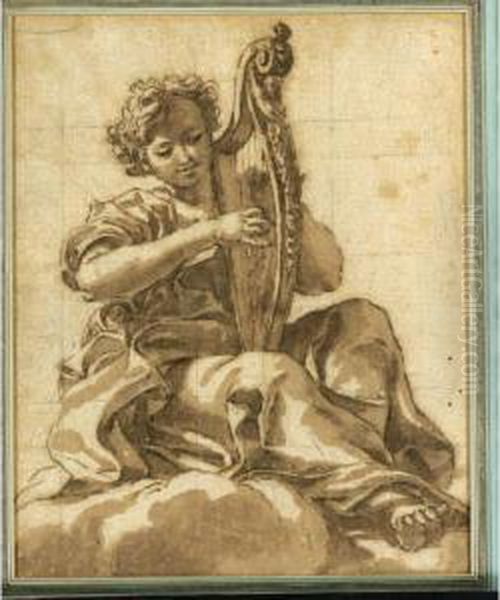 An Angel Seated In The Clouds Playing A Harp Oil Painting by Giovanni Battista (Baciccio) Gaulli