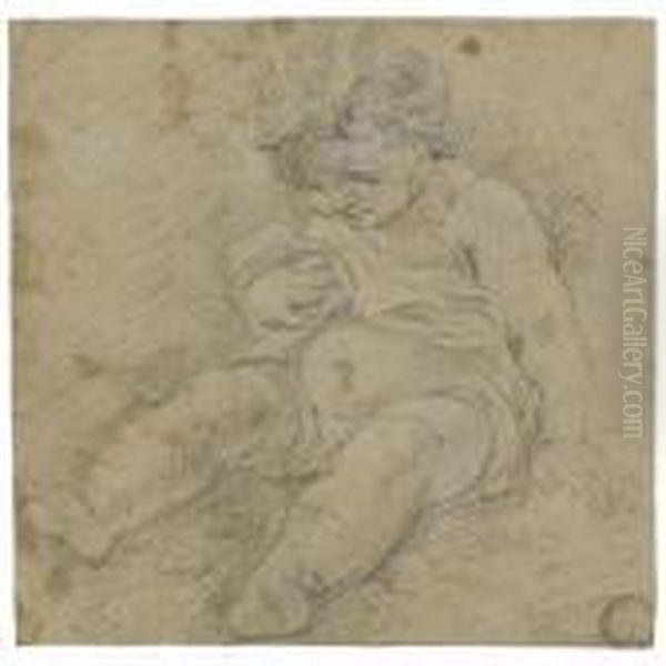 A Seated Putto Oil Painting by Giovanni Battista (Baciccio) Gaulli