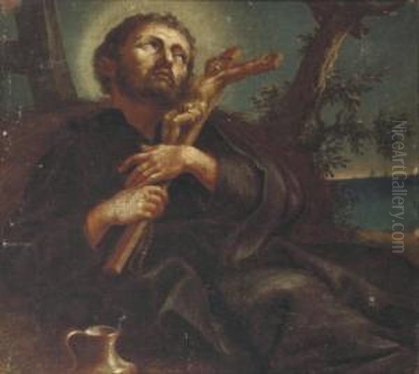 A Saint Holding A Crucifix Oil Painting by Giovanni Battista (Baciccio) Gaulli