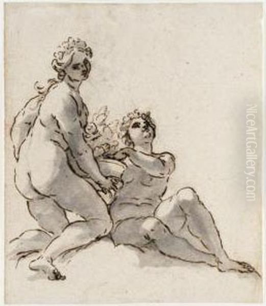 Two Nude Female Allegorical Figures Holding A Vase With An Orange Plant Oil Painting by Giovanni Battista (Baciccio) Gaulli