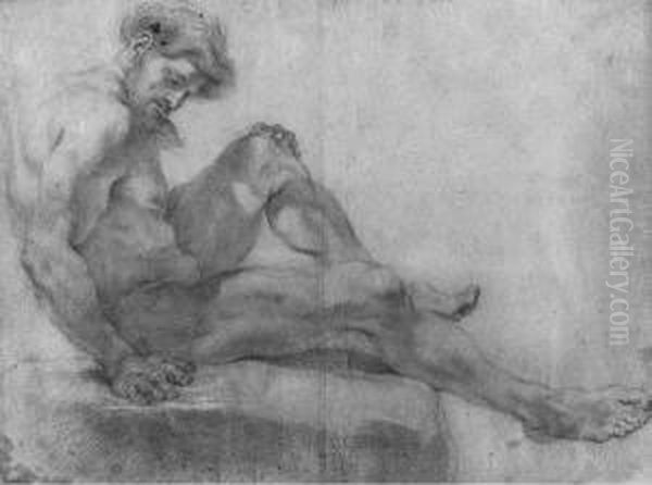 A Nude Seated On A Rock Oil Painting by Giovanni Battista (Baciccio) Gaulli