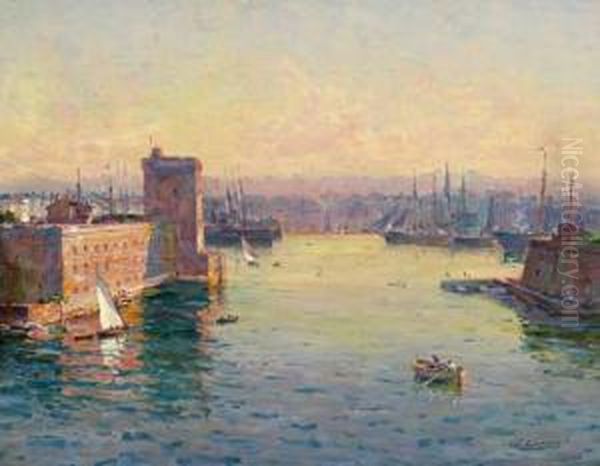 Dawn In The Harbour Of Marseille Oil Painting by Adolphe Gaussen