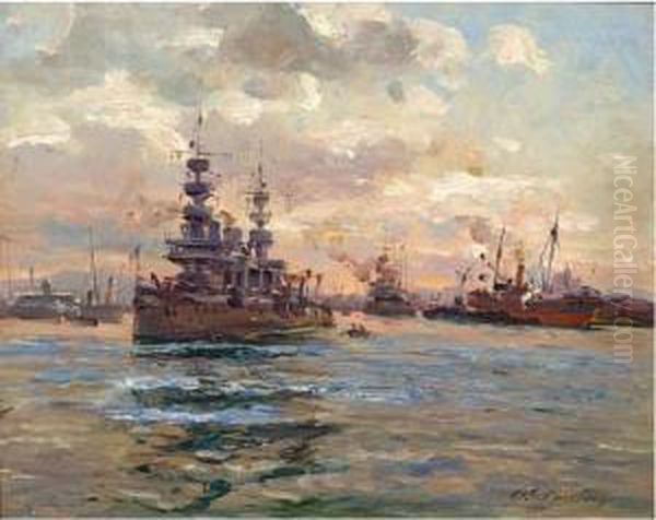 Bateaux Militaires Dans La Rade De Toulon. Oil Painting by Adolphe Gaussen