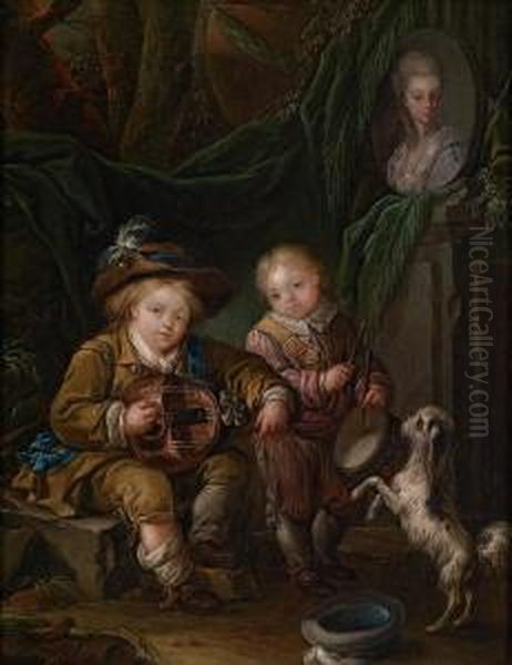 Ritratto Di Due Bambini Come Musicanti Accanto Al Busto Della Madre Oil Painting by Jacques - Fabien Gautier - Dagoty