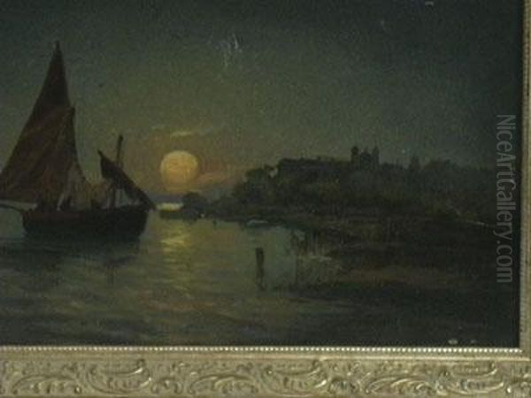 Marina Di Notte Con Barca Di Pescatori Oil Painting by Natale Gavagnin