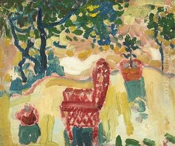 Garden Scene (gile's Red Chair); Traveling Train Cars (double-sided) by August Gay