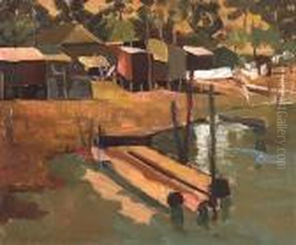 Untitled (pier); Bayside Homes (double-sided) Oil Painting by August Gay