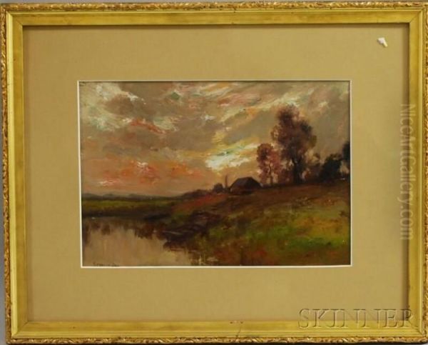 Landscape At Sunset With Canoe Oil Painting by Edward B. Gay