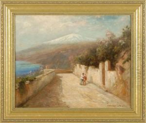 Walking Home, Depicting A Man 
And A Donkey Walking Uphill With Distant Mountain And Ocean Oil Painting by Edward B. Gay