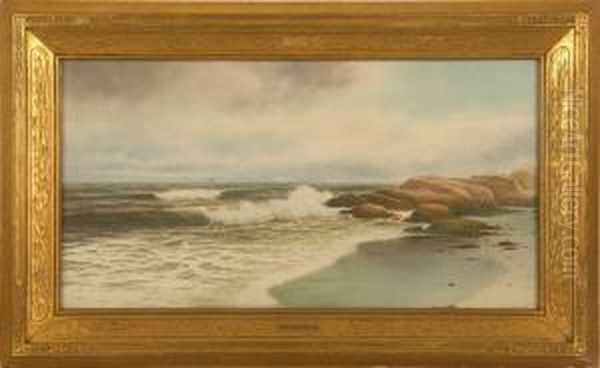 Beach Scene With Crashing Waves And Distant Ship. Oil Painting by George Howell Gay